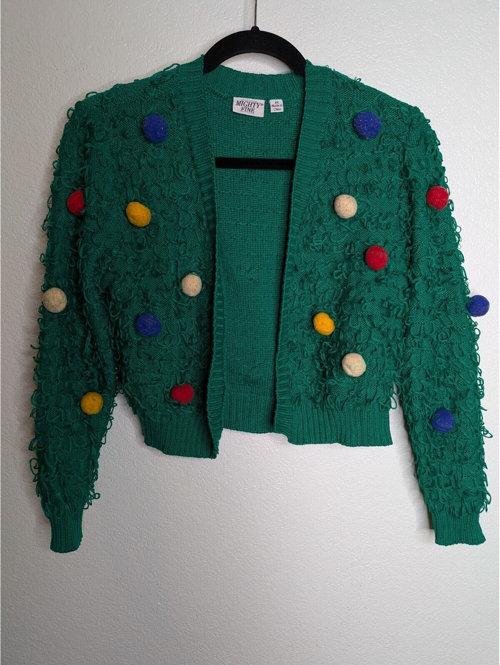 Mighty Fine Green Textured Pom Pom Cardigan Sweater Women’s XS Christmas Tree